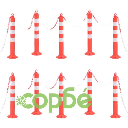 Сигнални колчета за контрол на трафика 10 бр с верига 75 см PE ➤ топ цена ➤ sorbe.bg