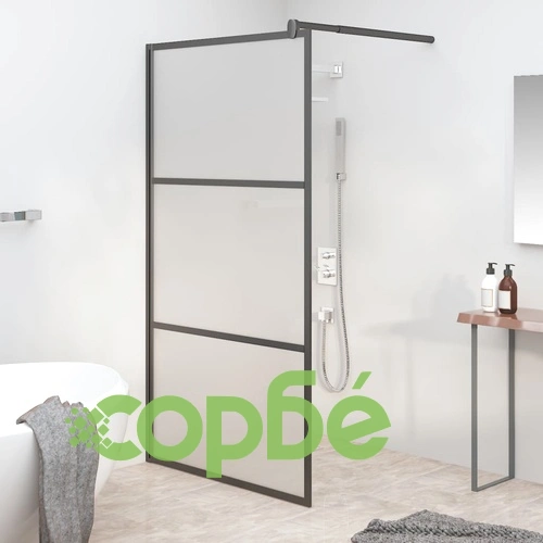 Параван за баня, 100x195 см, матирано ESG стъкло, черно ➤ топ цена ➤ sorbe.bg