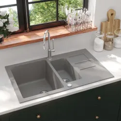 Кухненска мивка с две корита, сива, гранит 
