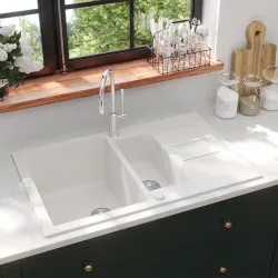 Кухненска мивка с две корита, бяла, гранит 