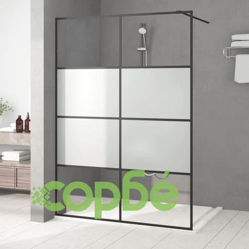 Параван за баня черен 140x195 см наполовина матирано ESG стъкло ➤ топ цена ➤ sorbe.bg