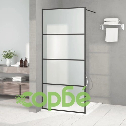 Параван за баня, черен, 90x195 см, матирано ESG стъкло ➤ топ цена ➤ sorbe.bg