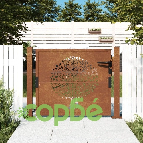Градинска порта, 105x105 см, кортенова стомана, дизайн с дърво ➤ топ цена ➤ sorbe.bg