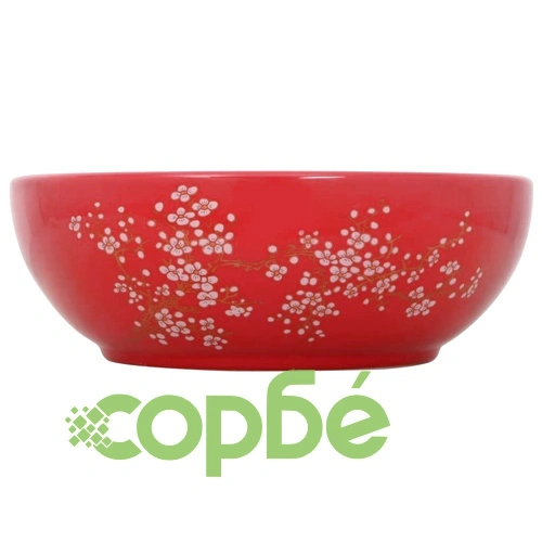 Мивка за плот, бяло и червено, кръгла, Φ41x14 см, керамика ➤ топ цена ➤ sorbe.bg