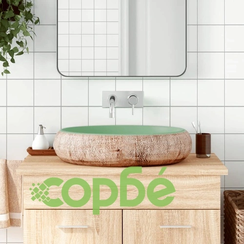 Мивка за плот, зелено и кафяво, овална, 59x40x15 см, керамика ➤ топ цена ➤ sorbe.bg