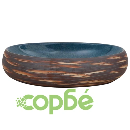 Мивка за плот, кафяво и синьо, овална, 59x40x15 см, керамика ➤ топ цена ➤ sorbe.bg