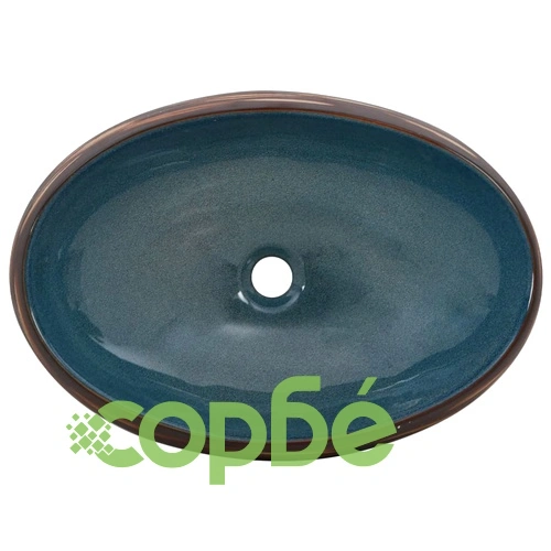 Мивка за плот, кафяво и синьо, овална, 59x40x15 см, керамика ➤ топ цена ➤ sorbe.bg