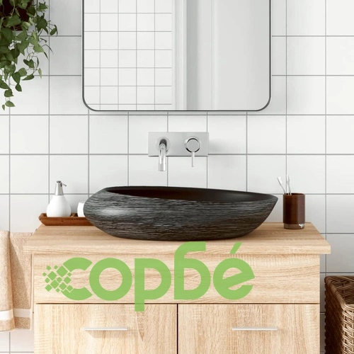 Мивка за плот, сиво и черно, овална, 59x40x14 см, керамика ➤ топ цена ➤ sorbe.bg