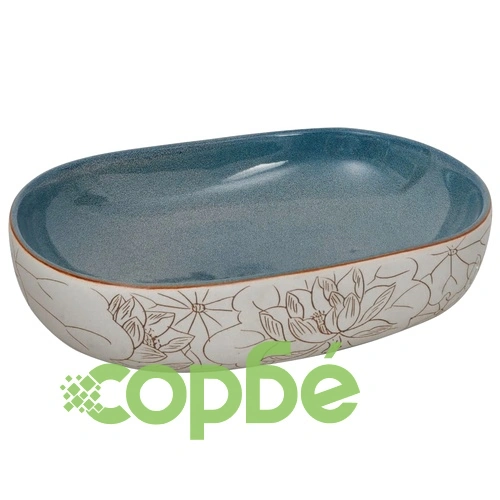 Мивка за плот, пясъчно и синьо, овална, 59x40x14 см, керамика ➤ топ цена ➤ sorbe.bg