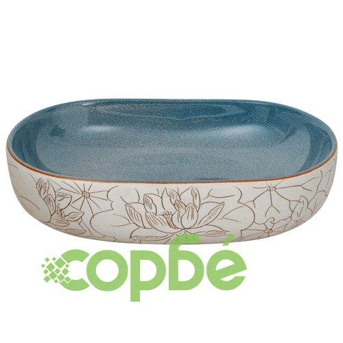 Мивка за плот, пясъчно и синьо, овална, 59x40x14 см, керамика ➤ топ цена ➤ sorbe.bg