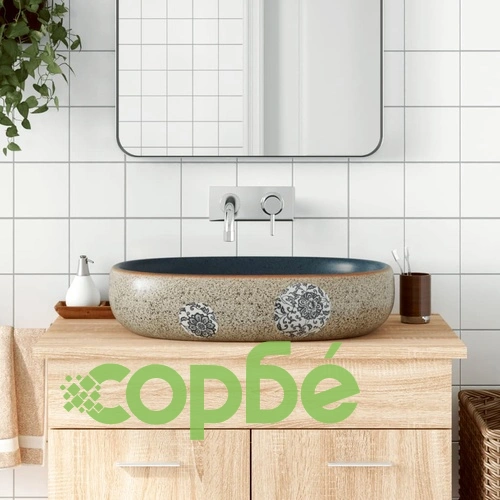 Мивка за плот, пясъчно и синьо, овална, 59x40x14 см, керамика ➤ топ цена ➤ sorbe.bg