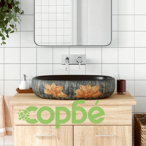 Мивка за плот, сиво и черно, овална, 59x40x14 см, керамика ➤ топ цена ➤ sorbe.bg