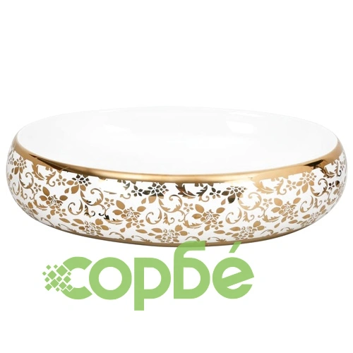 Мивка за плот, бяло и златисто, овална, 59x40x15 см, керамика ➤ топ цена ➤ sorbe.bg