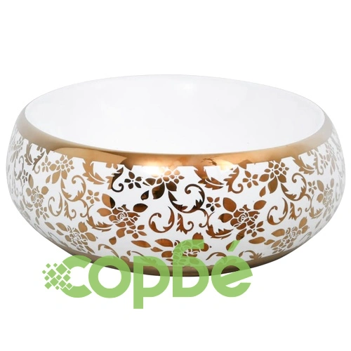 Мивка за плот, бяло и златисто, овална, 59x40x15 см, керамика ➤ топ цена ➤ sorbe.bg