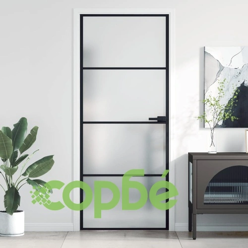 Интериорна врата черна 83x201,5 см закалено стъкло и алуминий ➤ топ цена ➤ sorbe.bg