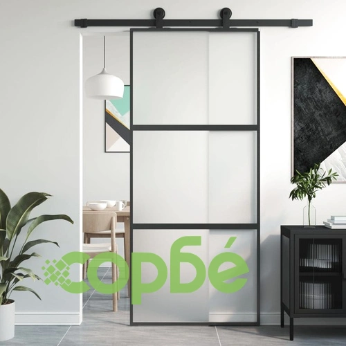 Плъзгаща се врата, черна, 90x205 см, закалено стъкло и алуминий ➤ топ цена ➤ sorbe.bg