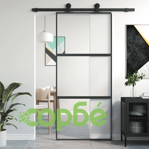Плъзгаща се врата, черна, 90x205 см, закалено стъкло и алуминий ➤ топ цена ➤ sorbe.bg