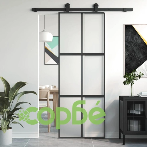 Плъзгаща се врата, черна, 76x205 см, закалено стъкло и алуминий ➤ топ цена ➤ sorbe.bg