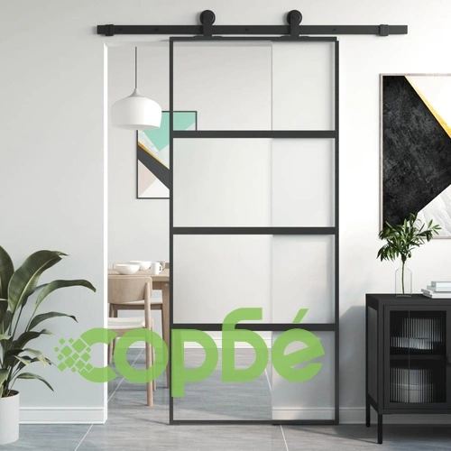 Плъзгаща се врата, черна, 90x205 см, закалено стъкло и алуминий ➤ топ цена ➤ sorbe.bg