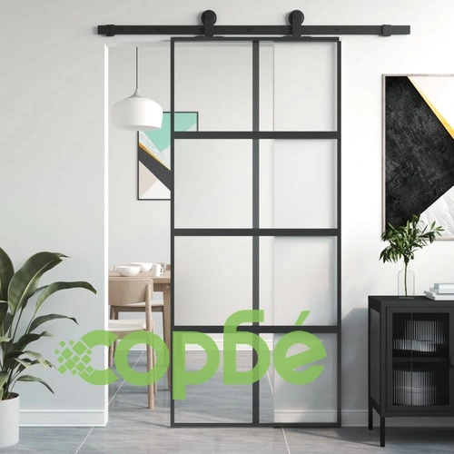 Плъзгаща се врата, черна, 90x205 см, закалено стъкло и алуминий ➤ топ цена ➤ sorbe.bg