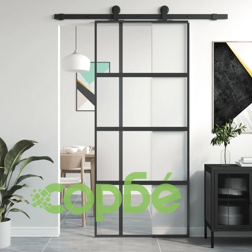 Плъзгаща се врата, черна, 90x205 см, закалено стъкло и алуминий ➤ топ цена ➤ sorbe.bg