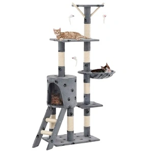 Котешко дърво със сизалени стълбове, 138 см, сиво, на лапички