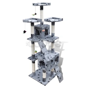Котешко дърво за драскане 170 см с 2 къщички, сиво с принт лапички