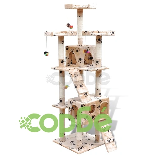 Котешко дърво за драскане 170 см с 2 къщички, бежово с принт лапички ➤ топ цена ➤ sorbe.bg