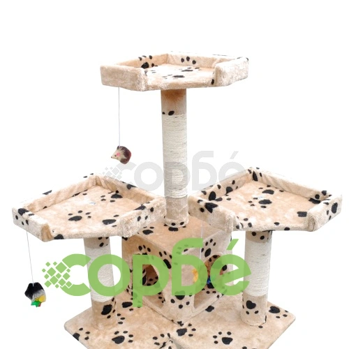 Котешко дърво за драскане 170 см с 2 къщички, бежово с принт лапички ➤ топ цена ➤ sorbe.bg