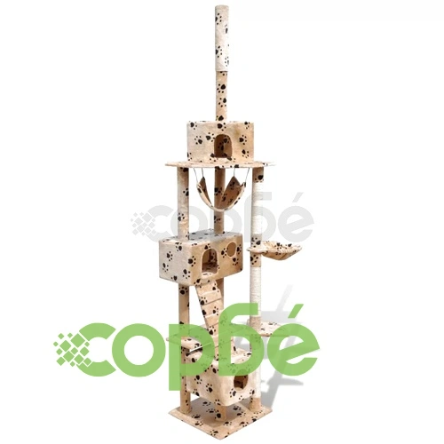 Котешко дърво за драскане 220-240 см с 3 къщички, бежово на лапички ➤ топ цена ➤ sorbe.bg