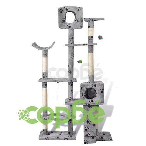 Котешко дърво за драскане 175 см с 2 къщички, сиво с принт лапички ➤ топ цена ➤ sorbe.bg
