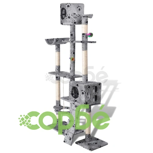 Котешко дърво за драскане 175 см с 2 къщички, сиво с принт лапички ➤ топ цена ➤ sorbe.bg