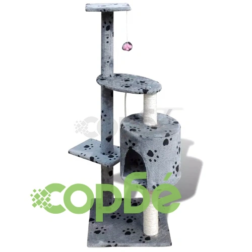 Котешко дърво за драскане 114 см с 1 къщичкa, сиво с принт на лапички ➤ топ цена ➤ sorbe.bg