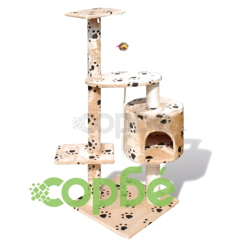 Котешко дърво за драскане 114 см с 1 къщичкa, бежово на лапички ➤ топ цена ➤ sorbe.bg