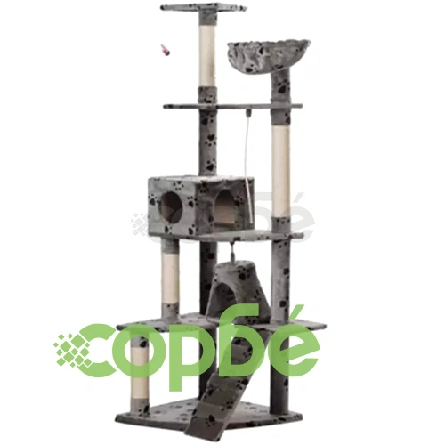 Дърво за котки 191 см, сиво с принт лапички ➤ топ цена ➤ sorbe.bg