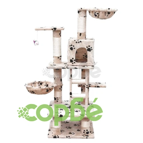 Дърво за котки 122 см, бежово с принт лапички ➤ топ цена ➤ sorbe.bg
