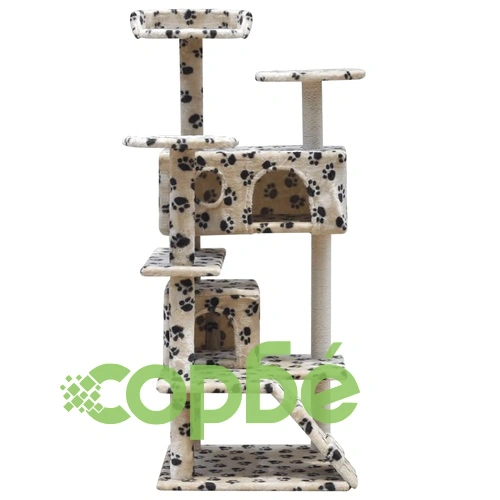 Котешко дърво за точене на нокти, 126см, 2 къщи, бежово на лапи ➤ топ цена ➤ sorbe.bg