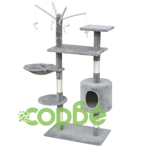 Котешко дърво за точене на нокти, 120 см, с 1 къщичка, сиво ➤ топ цена ➤ sorbe.bg