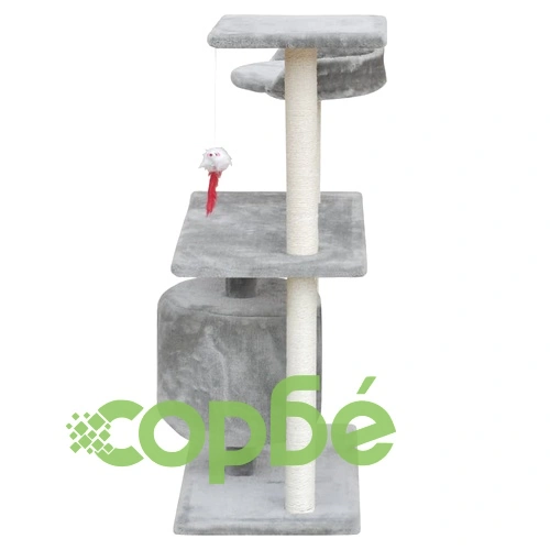 Котешко дърво, стълб за драскане, 94,5 см, с 1 къща, сиво ➤ топ цена ➤ sorbe.bg