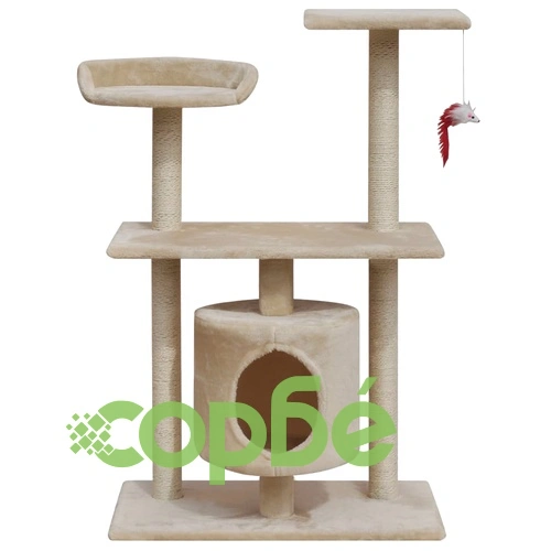Котешко дърво, стълб за драскане, 94,5 см, с 1 къща, бежово ➤ топ цена ➤ sorbe.bg