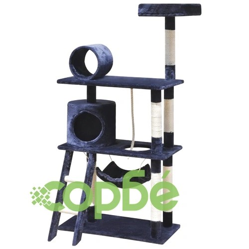 Котешко дърво за драскане, 140 см, с 1 къща, тъмносиньо ➤ топ цена ➤ sorbe.bg