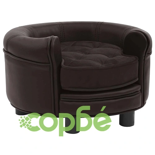 Кучешки диван, кафяв, 48x48x32 см, плюш и изкуствена кожа ➤ топ цена ➤ sorbe.bg