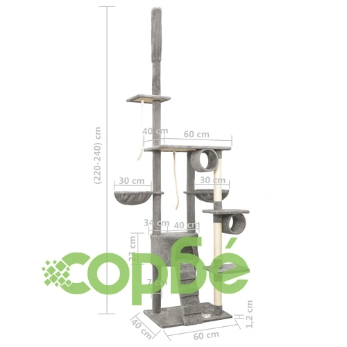 Котешко дърво от пода до тавана, сиво, 220-240 см ➤ топ цена ➤ sorbe.bg