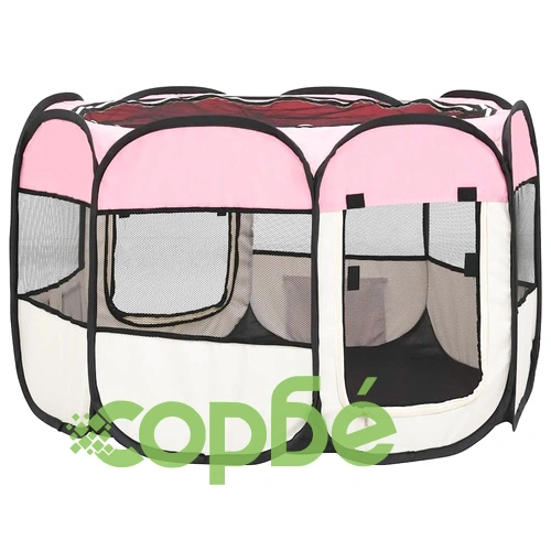 Сгъваема кучешка кошара с чанта за носене розова 90x90x58 см ➤ топ цена ➤ sorbe.bg