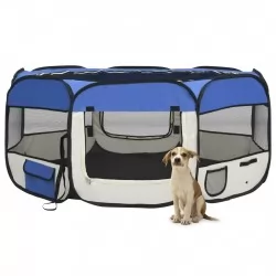 Сгъваема кучешка кошара с чанта за носене, синя, 145x145x61 см