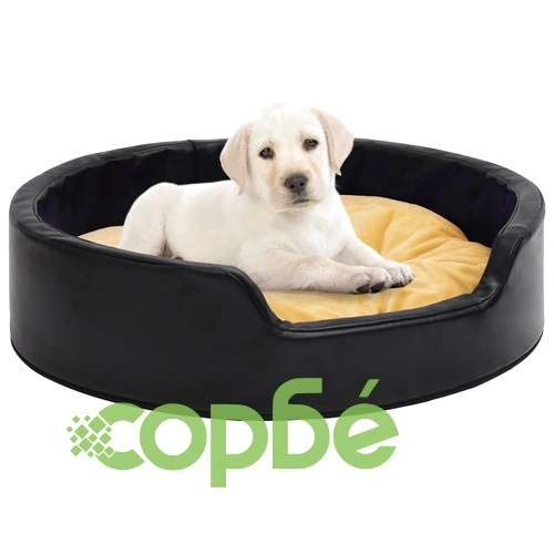 Кучешко легло, черно-жълто, 79x70x19 см, плюш и изкуствена кожа ➤ топ цена ➤ sorbe.bg