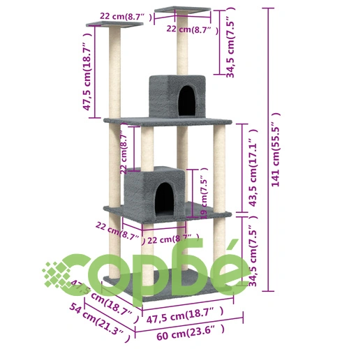 Котешко дърво със сизалени стълбове, тъмносиво, 141 см ➤ топ цена ➤ sorbe.bg