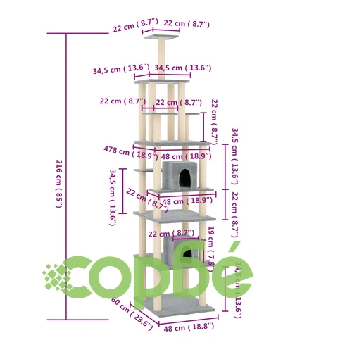 Котешко дърво със сизалени стълбове, светлосиво, 216 см ➤ топ цена ➤ sorbe.bg
