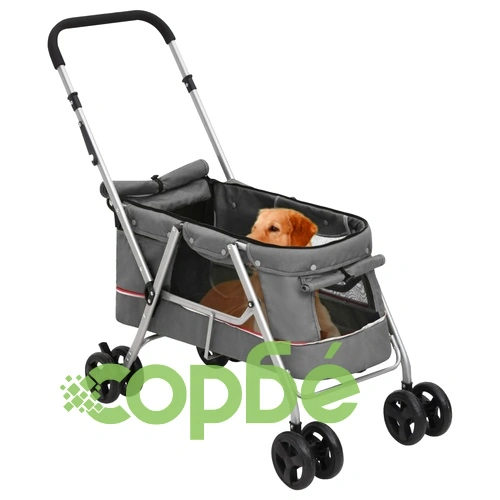 Сгъваема количка за кучета, сива, 100x49x96 см, ленен плат ➤ топ цена ➤ sorbe.bg