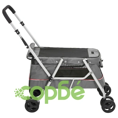 Сгъваема количка за кучета, сива, 100x49x96 см, ленен плат ➤ топ цена ➤ sorbe.bg